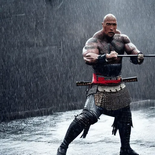 Image similar to Dwayne Johnson as samurai , under rain, dramatic, cinematic, an film still