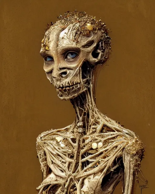 Prompt: A boney thin body girl humanoid with teared viscose clothes wearing a carved mineral mask with tiny mineral and gold incrustations, hyper detailed, insane details, intricate, elite, ornate, elegant, luxury, by Ismail inceoglu dragan bibin hans thoma greg rutkowski Alexandros Pyromallis Nekro Rene Maritte Illustrated, Perfect face, fine details, realistic shaded, fine-face, pretty face