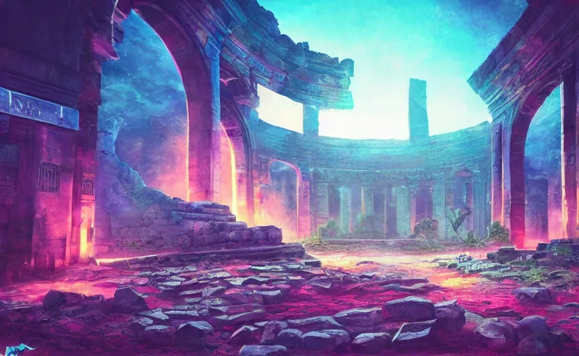 Image similar to a portal in the floor, ancient ruins, epic retrowave art, trending on art station