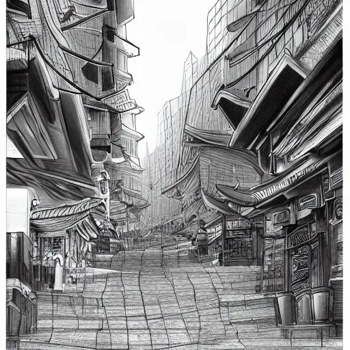 Image similar to High detailed sketch of korean city street, pencil drawing, black and white, artstation, extreme detail