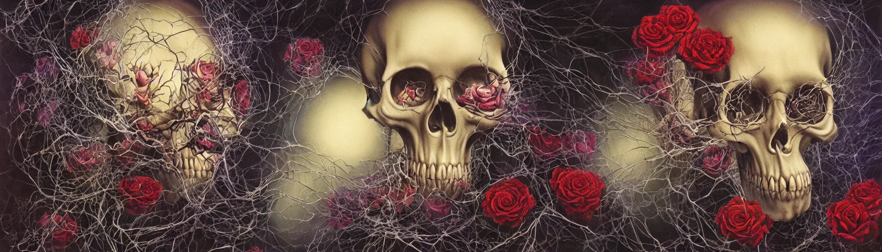 Image similar to the ghost in the machie, dense web of neurons firing, psychedelic lights and fog, skull and roses and gnr imagery, zdzislaw, ayami kojima, yamamoto, barclay shaw, karol bak, hyperrealist, 8 k