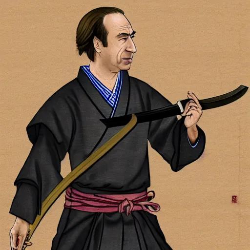 Image similar to saul goodman from breaking bad wearing samurai armor and holding a katana in feudal japan, 4 k, hyper realistic, ink block painting, edo period