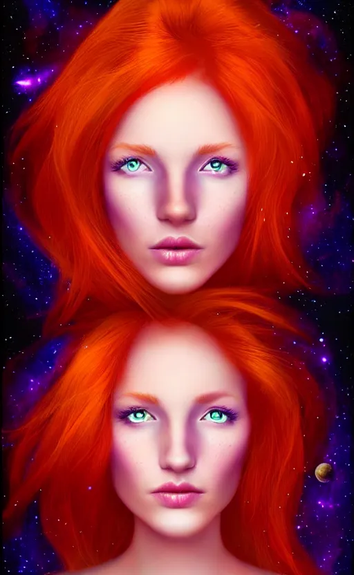 Image similar to space astral portrait of a beautiful girl, red hair, ginger hair, fantasy, glowing skin, smooth face, perfect eyes, half body shot, tarot card