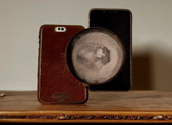 Image similar to photo still of an iphone from 1 9 2 0 with decoration from the year 1 9 2 0, in a room from 1 9 2 0, 8 k, studio lighting bright ambient lighting key light, 8 5 mm f 1. 8