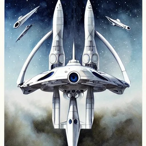 Image similar to design only, white background, symmetry, starship enterprise, by jean - baptiste monge