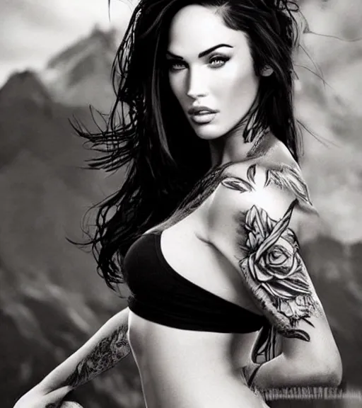 Prompt: tattoo design sketch of megan fox portrait against a background of beautiful mountains and nature, hyper - realistic, in the style of den yakovlev, amazing detail, black and white