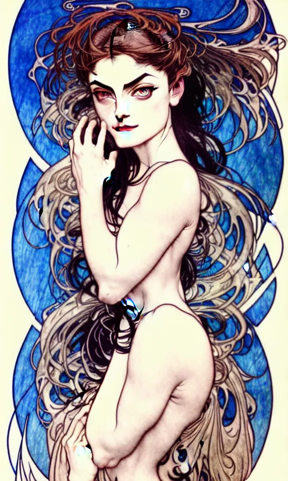 Image similar to in the style of artgerm, arthur rackham, alphonse mucha, phoebe tonkin, symmetrical eyes, symmetrical face, flowing blue skirt, full entire body, hair blowing, intricate filagree, hidden hands, warm colors, cool offset colors