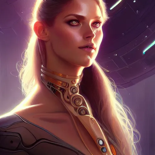 Image similar to futuristic woman portrait, sci-fi, amber eyes, face, long hair, fantasy, intricate, elegant, highly detailed, digital painting, artstation, concept art, smooth, sharp focus, illustration, art by artgerm and greg rutkowski and alphonse mucha