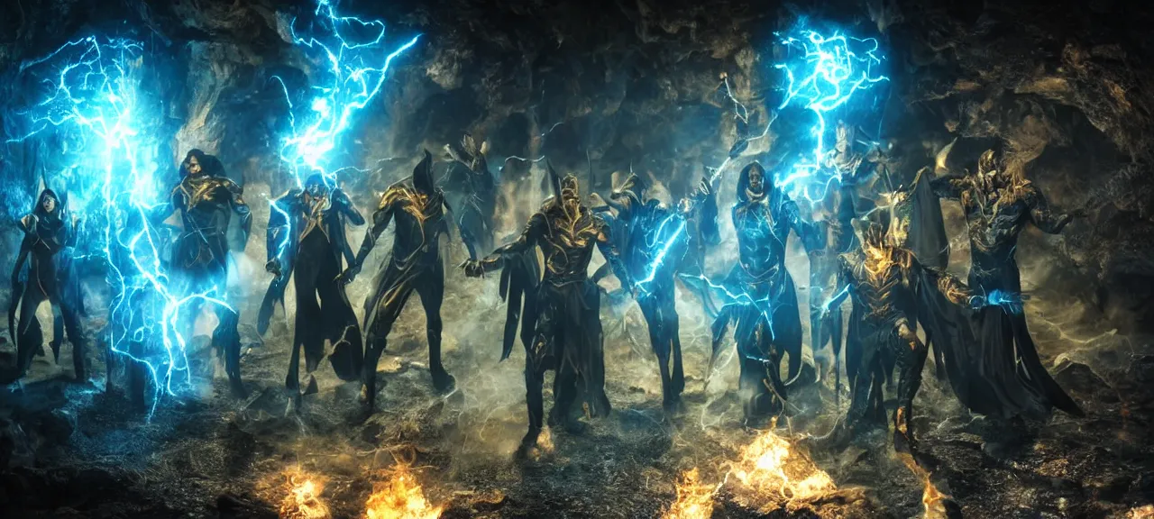 Prompt: Realistic Photo of Six wizards standing in dark cave and shoot fireballs from their magic staffs at DC comic character Black Adam, dark ancient atmosphere, full of glowing particles floating randomly from ground, dramatic lighting, fluid colorful particles rising from ground, realism of movie with fine details