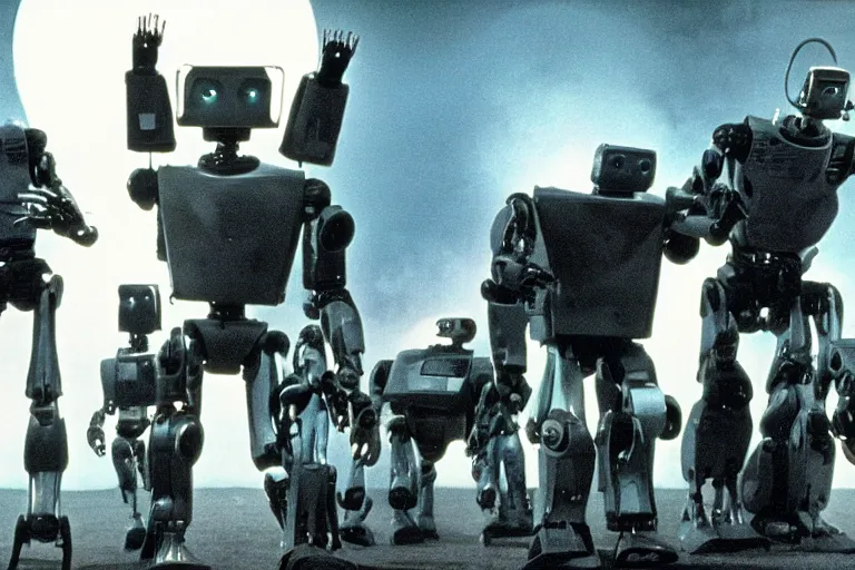 Prompt: a movie still from the 1985 summer blockbuster movie Back to the Robots directed by Steven Spielberg