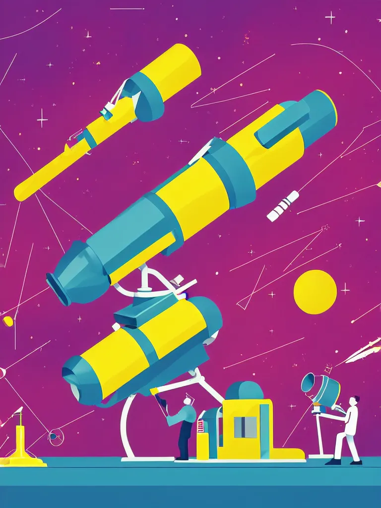 Image similar to editorial illustration scientific lab test tube telescope microscope spaceship, dynamic composition, detailed, matte print, dynamic perspective, colorful modern, mads berg