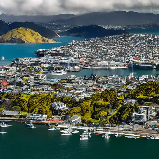 Prompt: Wellington harbour, New Zealand but the city is replaced by remnant native lowland broadleaf podocarp forest and wetlands, landscape photography 8K