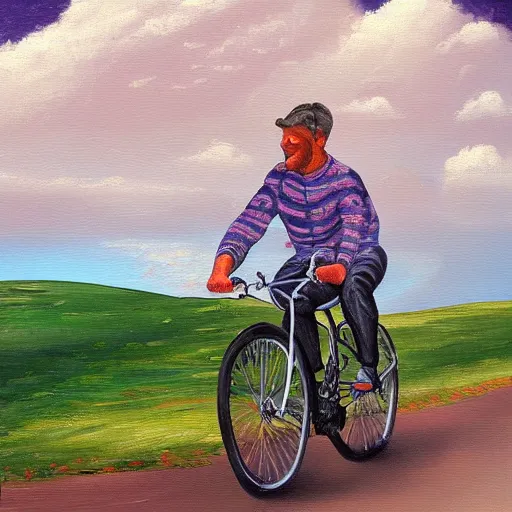 Prompt: A whimsical painting of a happy man flying in the sky on his bicycle in the clouds, expressive oil painting, digital art