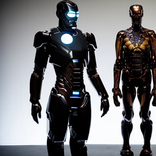 Prompt: prometheus movie still frame, onyx and alabaster mcu ironman by giger, cyclop android - one eyed cyborg by giger