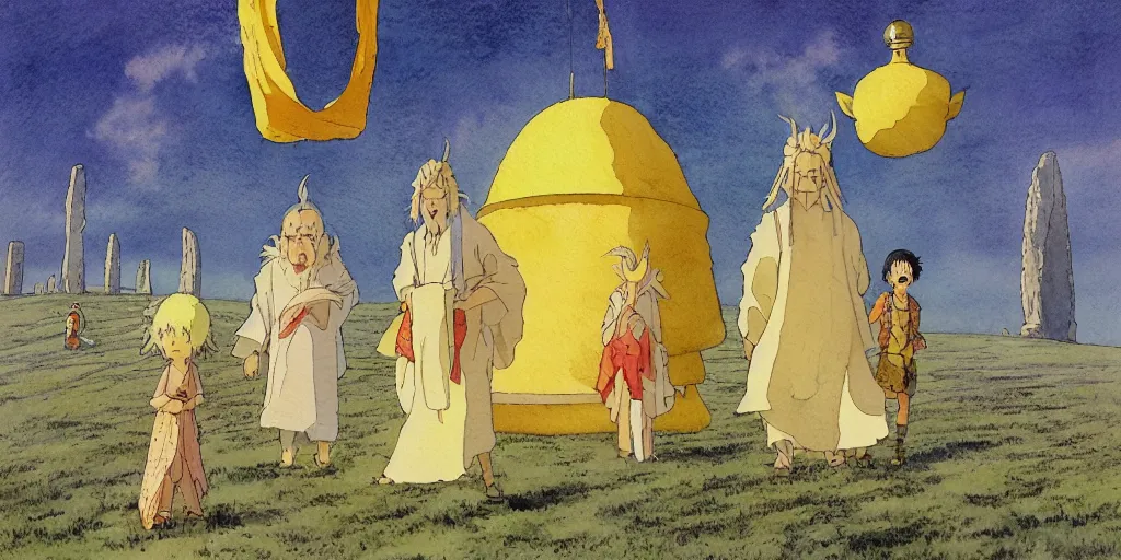 Image similar to a hyperrealist studio ghibli watercolor fantasy concept art of a giant chinese god and a small grey alien with a yellow robe in stonehenge in the early morning. a giant gold ufo is floating in the air. by rebecca guay, michael kaluta, charles vess