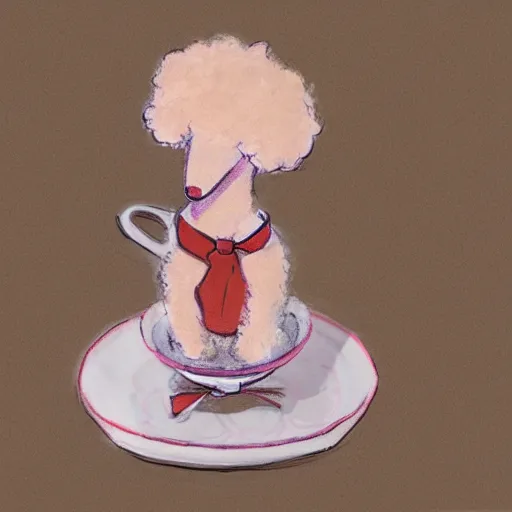 Prompt: Concept art of cute poodle sitting inside a tea cup