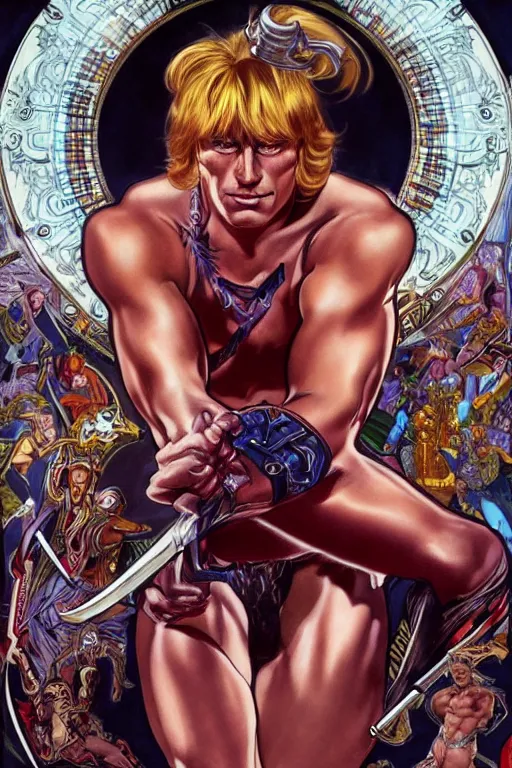 Prompt: he - man : : portrait : : full body : : decadent highly - detailed digital artwork : : art by helmut newton and mucha and rutkowski, artstation, master prime lenses, cinematic