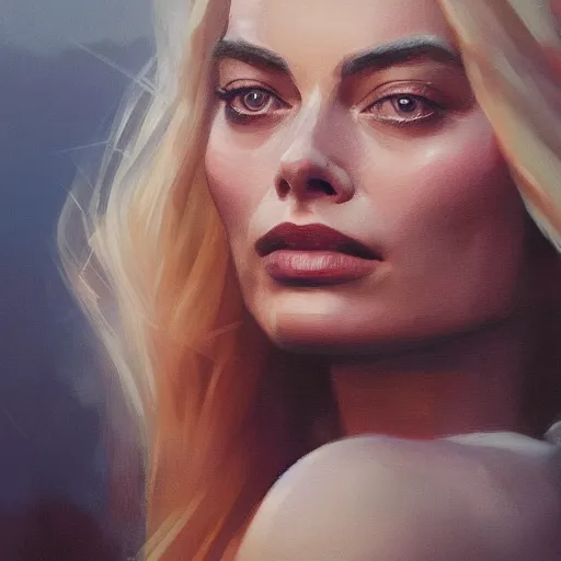 Prompt: closeup portrait of margot robbie, dramatic lighting, city background, sunset, chiaroscuro, high detail, painted by greg rutkowski, painted by igor kieryluk, painted by bobby chiu, trending on artstation