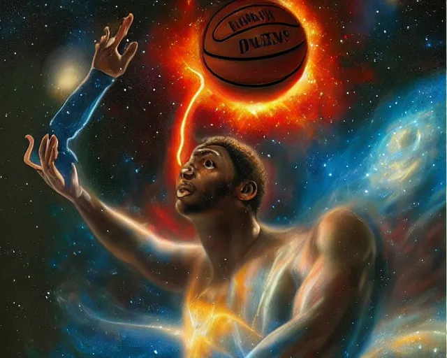 Image similar to cosmic basketball player dunking a basketball hoop in a nebula, an oil painting, by ( leonardo da vinci ) and greg rutkowski and rafal olbinski and ross tran, award - winning magazine cover