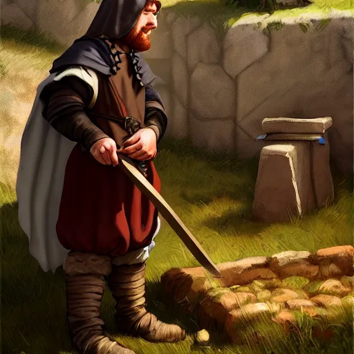 Image similar to medieval peasant boy talking to blacksmith, artstation, fantasy