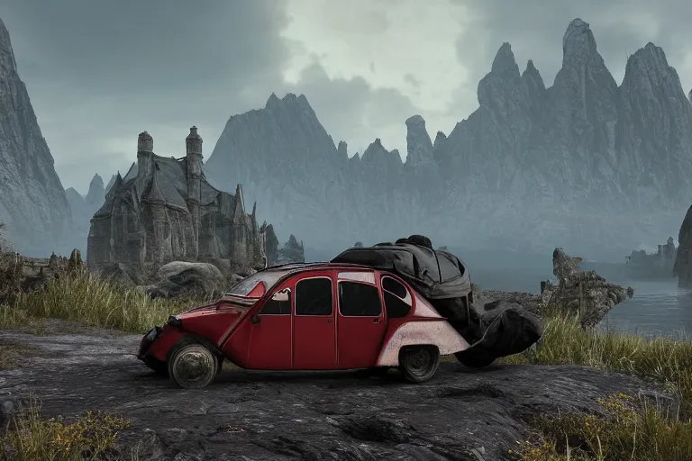 Image similar to daedric offroad citroen 2 cv ( 1 9 6 5 ) driving across the rift, daedric axe stored on the side of the car, leather and cloth traveller backpacks on roof, riften city in the background, epic fantasy, autumn, the elder scrolls v : skyrim, dramatic lighting, establishing shot, by simon stalenhag