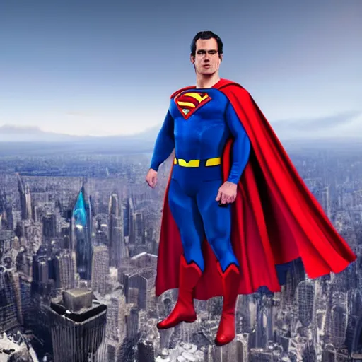 Image similar to Incredible cinematic realistic image of Henry Cavill dressing up the cape as Superman at top of empire state, trending on artstation, matte painting, hyper realistic, unreal engine render