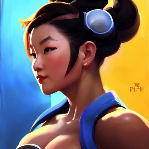 Image similar to Greg Manchess portrait painting of Chun-Li as Overwatch character, medium shot, asymmetrical, profile picture, Organic Painting, sunny day, Matte Painting, bold shapes, hard edges, street art, trending on artstation, by Huang Guangjian and Gil Elvgren and Sachin Teng