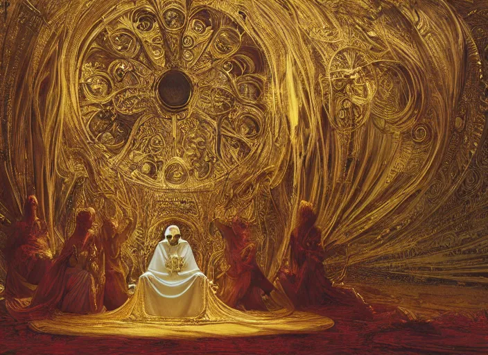 Prompt: worship of the pope, royal robe, gold trim, demons, mysticism, light effect, hyper detailed, intricate, atmospheric, elegant, photorealistic by zdzisław beksinski, iris van herpen, raymond swanland, craig mullins and alphonse mucha. hyper - real