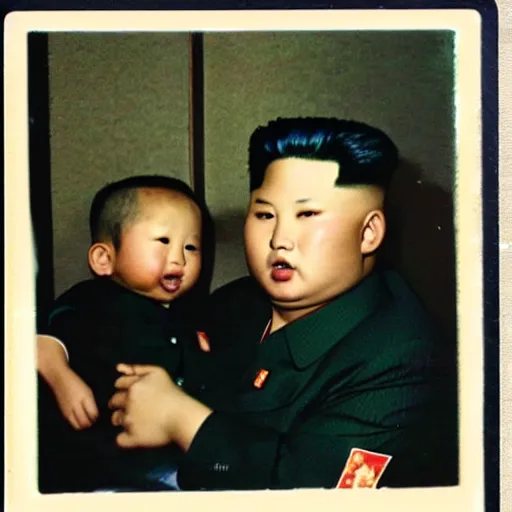 Image similar to kim jong creepy family, driking blood of his son, polaroid