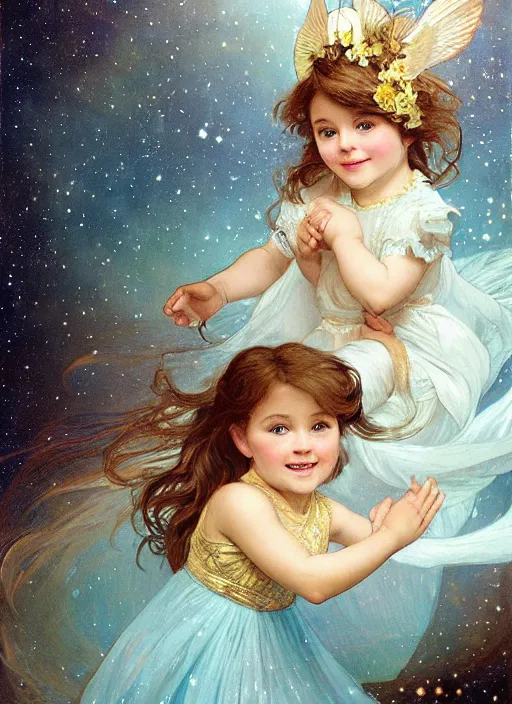 Image similar to a cute little girl with a round cherubic face, blue eyes, and short wavy light brown hair smiles as she floats in space with stars all around her. she is wearing a turquoise dress. beautiful painting by artgerm and greg rutkowski and alphonse mucha and irakli nadar