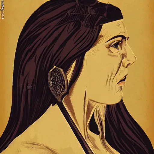 Image similar to A head and shoulders portrait of a fierce female viking warrior holding an axe