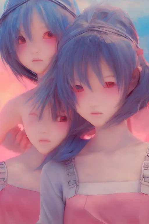 Prompt: 3d dark infrared octane render concept art by D. Jun, by Mo Xiang Tong Xiu, by Igarashi Daisuke, beauty portrait anime two schoolgirls under dark pink and blue water. pretty beauty cute faces. sunrise. dramatic light, trending on artstation, oil painting, noise.