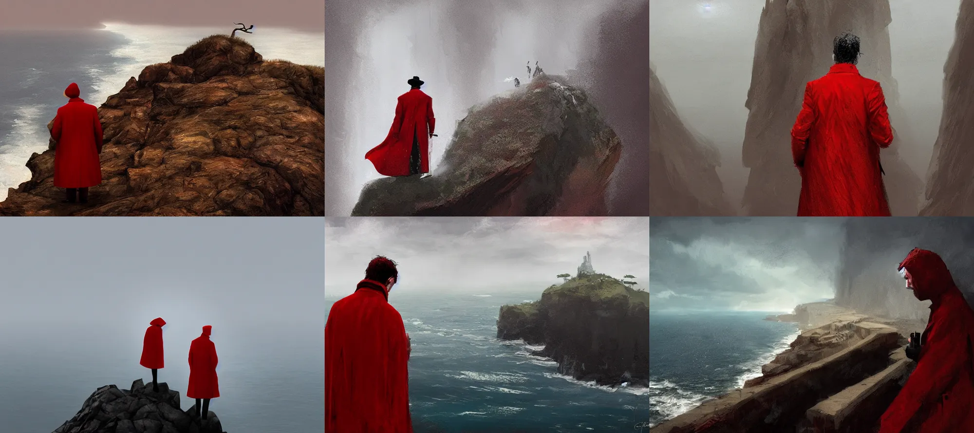 Prompt: a man wearing a long red coat standing on the edge of a cliff smoking a cigarette and looking out to the sea, leaves in the wind, rain, dusk, artstation, concept art, art by Craig Mullins and Gret Rutkowski