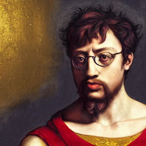 Prompt: Sam Hyde as a Roman warrior wearing gold and red armor, elegant suit, looking at bloody fist, portrait art by Leonardo da Vinci, highly detailed, digital painting, concept art, illustration, dim lighting with twilight rays of sunlight, trending on artstation, very detailed, smooth, sharp focus, octane render, close up