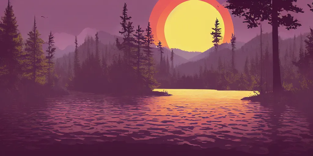 Image similar to An illustration in the style of Firewatch featuring a river surrounded by forest and fields. A boat is slowly moving through the water