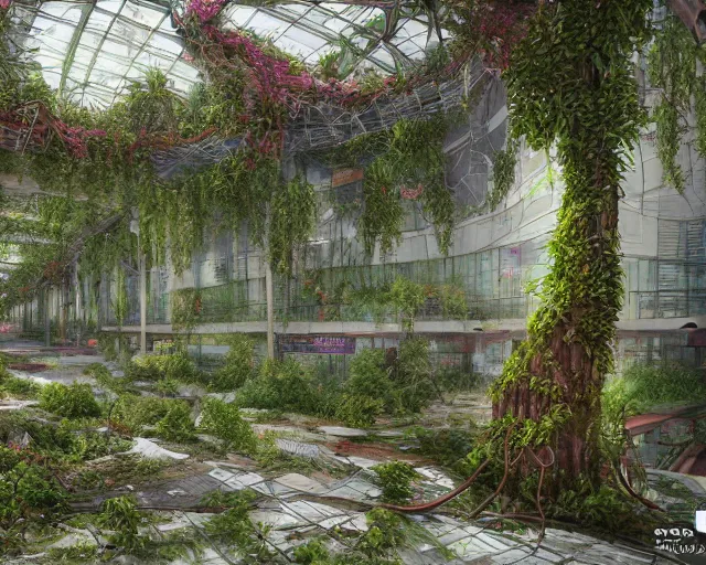 Image similar to an abandoned shopping mall, overgrown by trees, flower, vines, hyperrealistic, highly detailed, intricate, cgsociety, artstation