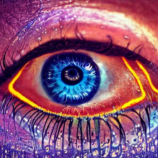 Prompt: three eyed hairy goddesses, third eye in middle of forehead, wide wide shot, photograph, wet hairy bodies, wet feet in water, bodies, soft colors, wet eye in forehead, pins, very detailed, wet eyes reflecting into eyes reflecting into infinity, beautiful lighting