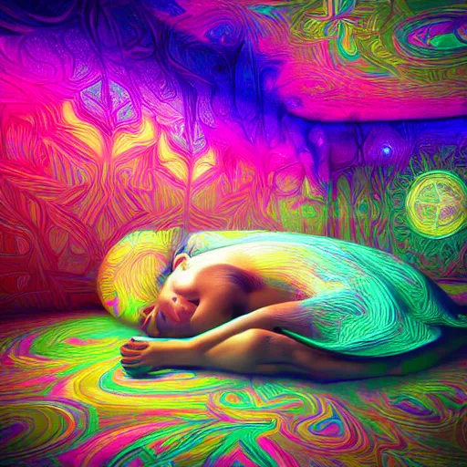 Prompt: photorealistic sleeping in a trippy psychedelic world. hyperdetailed photorealism, 1 0 8 megapixels, amazing depth, high resolution, 3 d shading, 3 d finalrender, 3 d cinematic lighting, glowing rich colors, psychedelic overtones, artstation concept art.