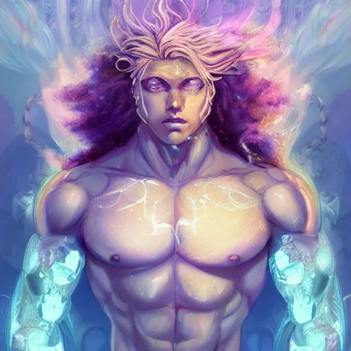 Image similar to aesthetic portrait commission of a albino muscular and attractive anthro lion with mane turning into cosmic smoke while wearing an attractive pastel greek jeweled outfit floating inside a floating greek palace in the clouds, minimalistic art, hyperdetailed. Character design by charlie bowater, ross tran, artgerm, and makoto shinkai, detailed, inked, western comic book art, 2021 award winning painting