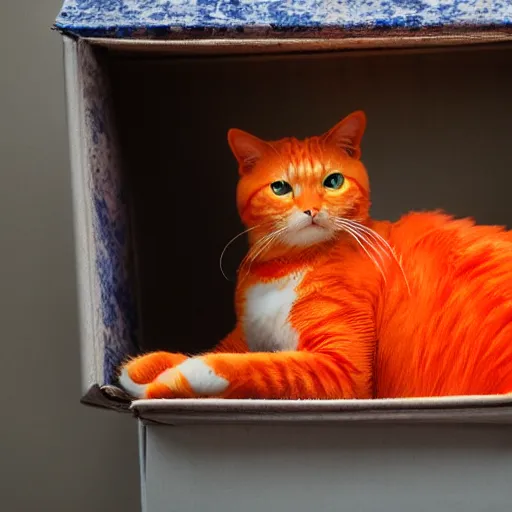 Prompt: an orange cat staring in a box ~ on fire ~ fire ~ high - resolution photo ~
