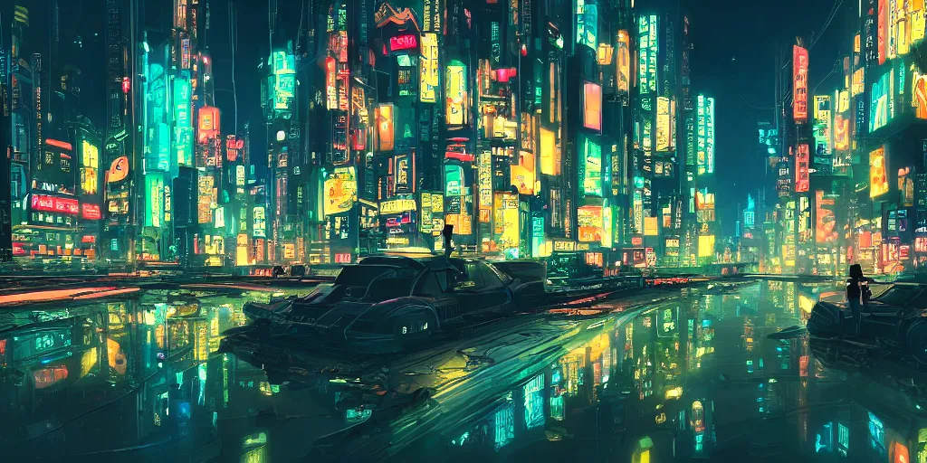 Image similar to a beautiful scene of a sprawling cyberpunk city at midnight, neon signs, concept art, studio ghibli, style of makoto shinkai and alphonse mucha, 4 k wallpaper