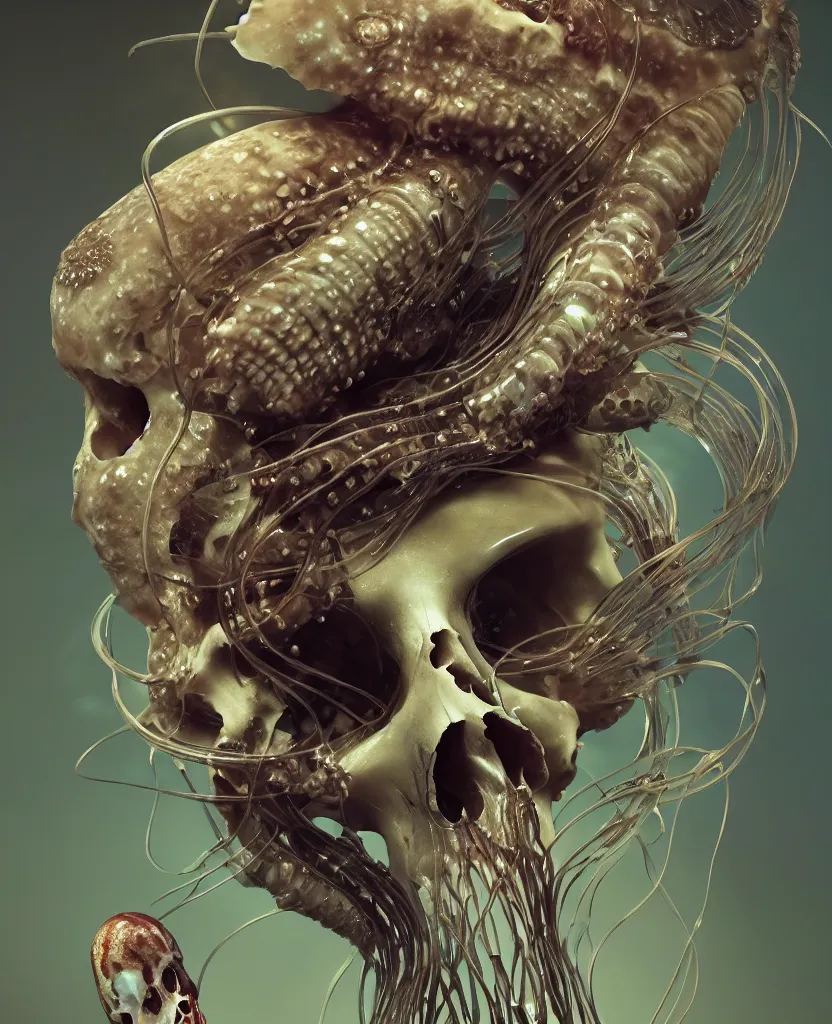 Image similar to goddess close-up portrait animal skull. jellyfish phoenix head, nautilus, orchid, skull, betta fish, bioluminiscent creatures, intricate artwork by Tooth Wu and wlop and beeple. octane render, trending on artstation, greg rutkowski very coherent symmetrical artwork. cinematic, hyper realism, high detail, octane render, 8k