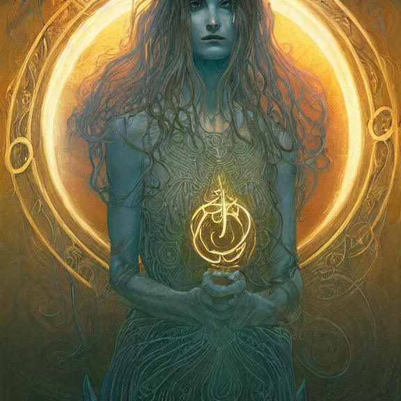 Image similar to a highly detailed portrait in the style of jean delville and in the style of peter mohrbacher. glowing rune of magical power.