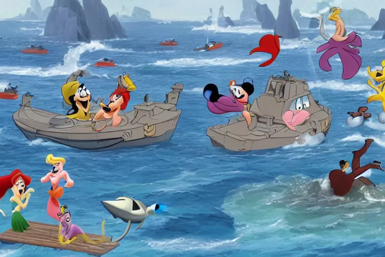 Prompt: still from the disney cartoon, little mermaid enlists in the navy, animated military, helicopters