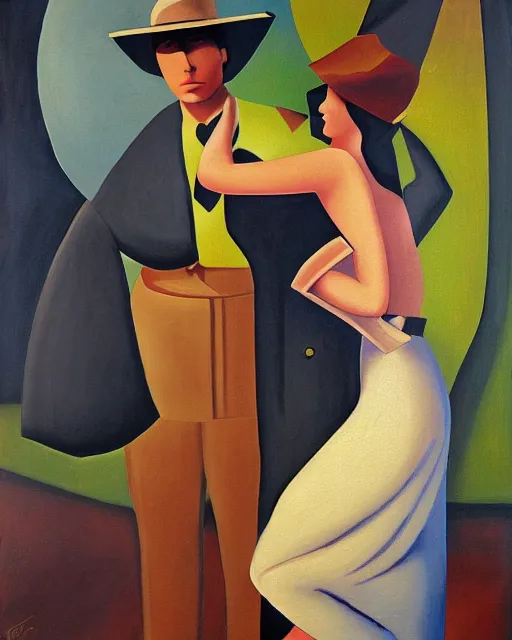 Image similar to a painting of a man and a woman holding an umbrella, an art deco painting by Grant Wood, featured on behance, american scene painting, movie poster, poster art, concert poster
