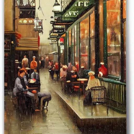 Prompt: busy cafe in a rainy victorian city