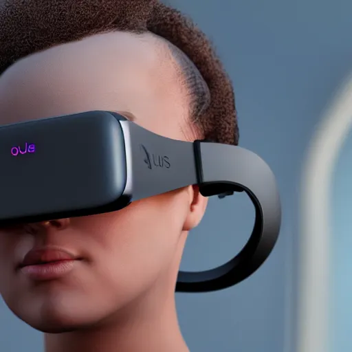 Image similar to young female wearing oculus quest 2, highly detailed digital painting hyperrealism ray tracing cinematic