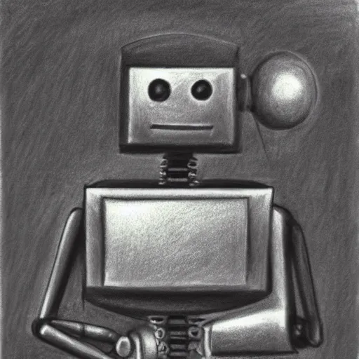 Prompt: robot using a computer, charcoal drawing, high detail