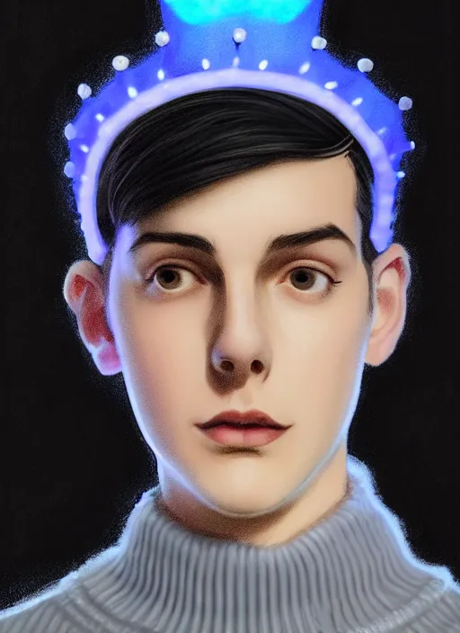 Image similar to portrait of teenage jughead jones wearing a light grey crown, crown, blue turtleneck, 1 9 5 0 s, closed eyes, photorealistic, black hair, glowing lighting, intricate, elegant, glowing lights, highly detailed, digital painting, artstation, concept art, smooth, sharp focus, illustration, art by wlop, mars ravelo and greg rutkowski