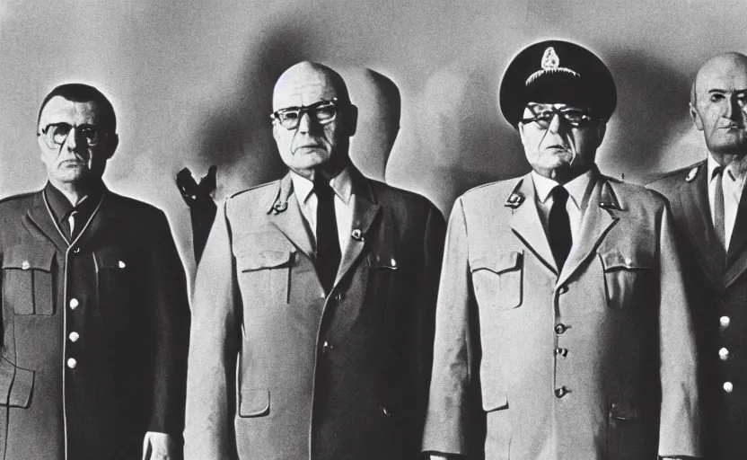 Prompt: 60s movie still group portrait of Josip Broz Tito and elder bald soviet generals, by Irving Penn , Cinestill 800t 35mm black and white, heavy grainy picture, very detailed, high quality, 4k, HD criterion, precise texture